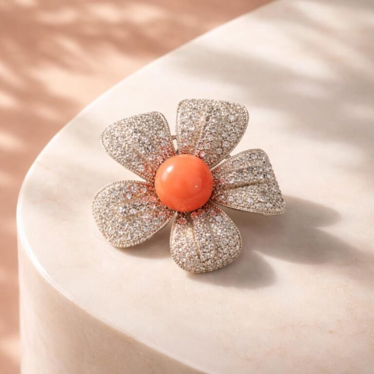 Broche Flor Bisutería Circonitas Coral