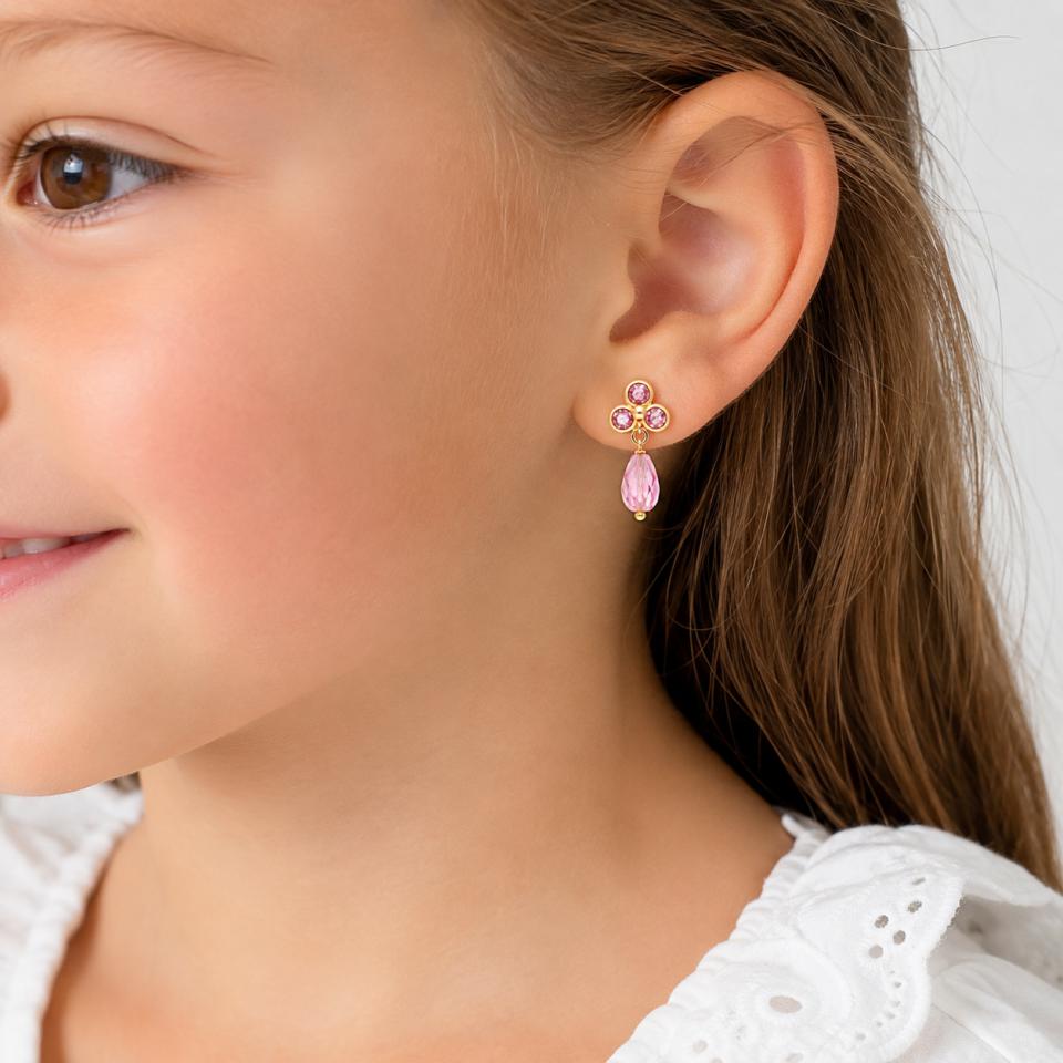 Pendientes Niña Oro 18K 3 Chatones Rosas con Piedr