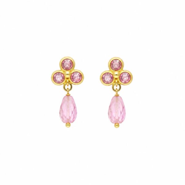 Pendientes Niña Oro 18K 3 Chatones Rosas con Piedr