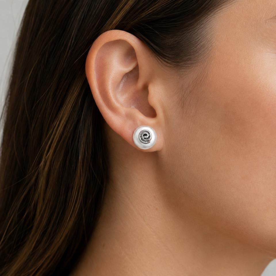 Pendientes Perla Chata 12 mm Espiral de Plata