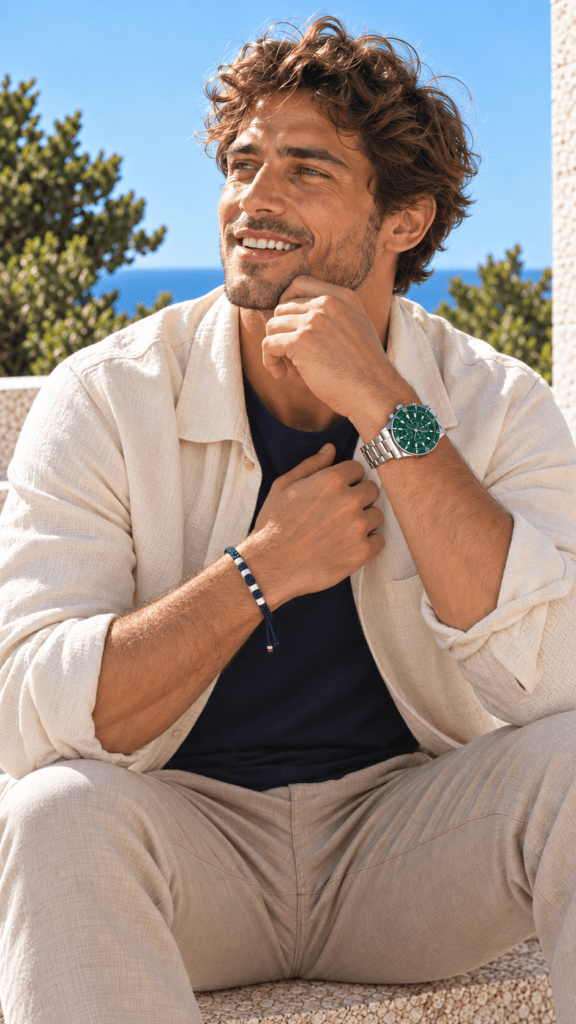 Hombre con reloj cronógrafo de esfera verde y pulsera de cordón azul